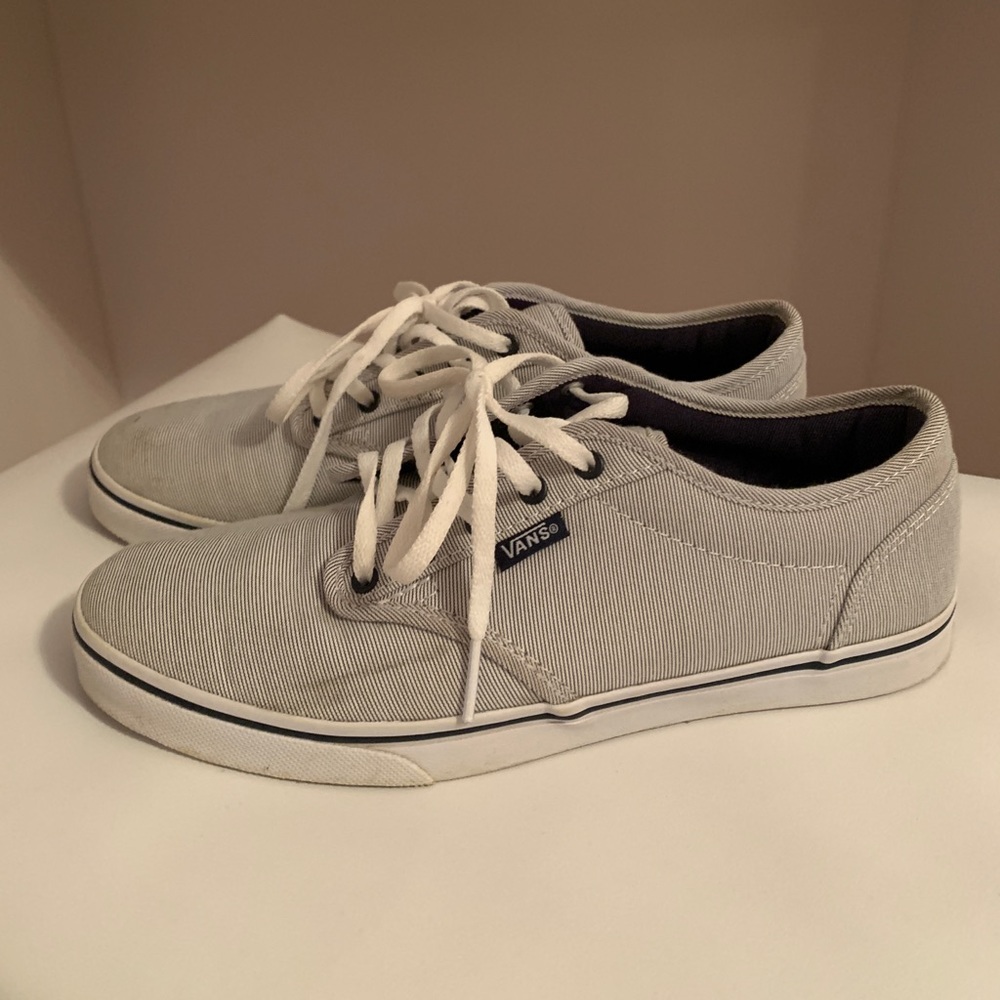 Navy blue & white striped Vans